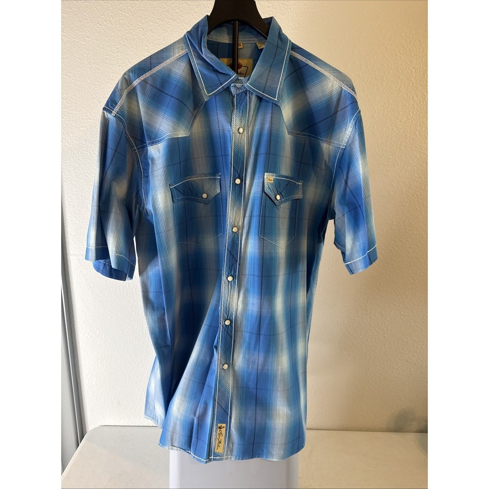 Larry Mahan Cowboy Collection Pearl Snap Short Sleeve Shirt Plaid Blue Size 2XL